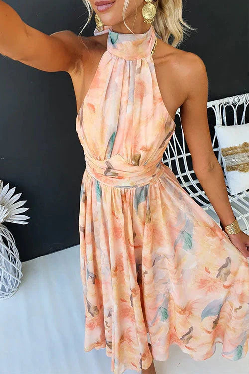 Robe Longue Femme Col Halter Imprimé Floral Aquarelle Dos Nu Mariage Invitée Cérémonie Été - Hiverline