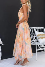 Robe Longue Femme Col Halter Imprimé Floral Aquarelle Dos Nu Mariage Invitée Cérémonie Été - Hiverline
