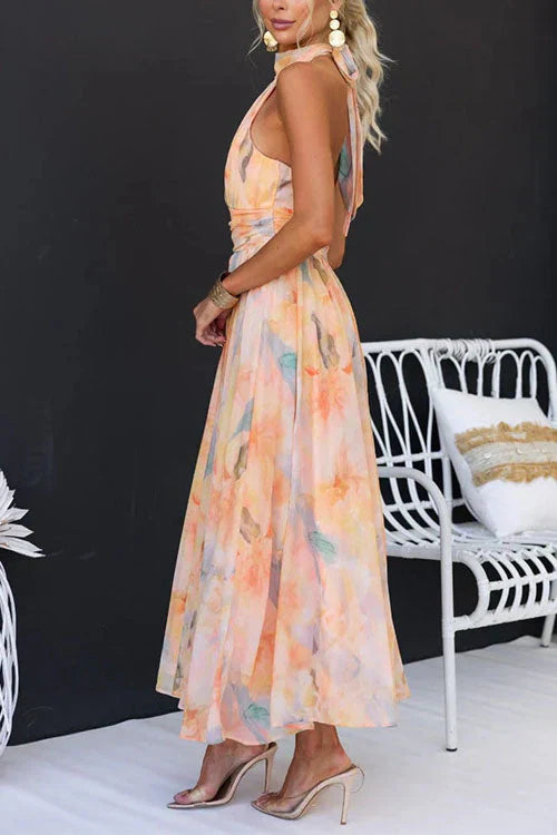 Robe Longue Femme Col Halter Imprimé Floral Aquarelle Dos Nu Mariage Invitée Cérémonie Été - Hiverline
