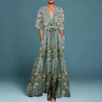 Robe Longue Florale Femme Col V Manches Courtes Soirée Mariage Invitée Jardin Été - Hiverline