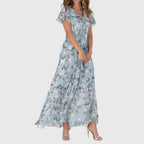 Robe Longue Florale Femme Manches Volantées Col V Soirée Mariage Invitée - Hiverline