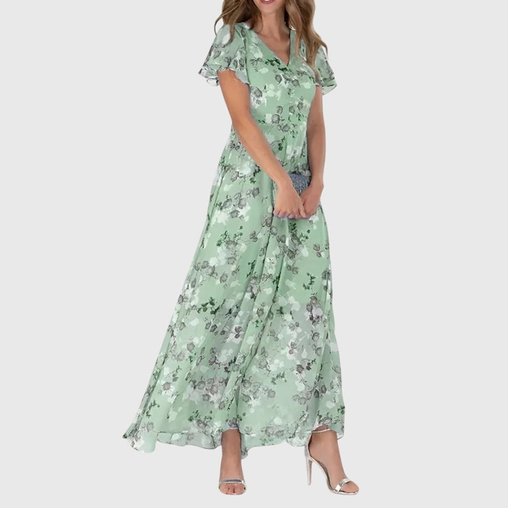 Robe Longue Florale Femme Manches Volantées Col V Soirée Mariage Invitée - Hiverline
