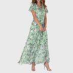 Robe Longue Florale Femme Manches Volantées Col V Soirée Mariage Invitée - Hiverline