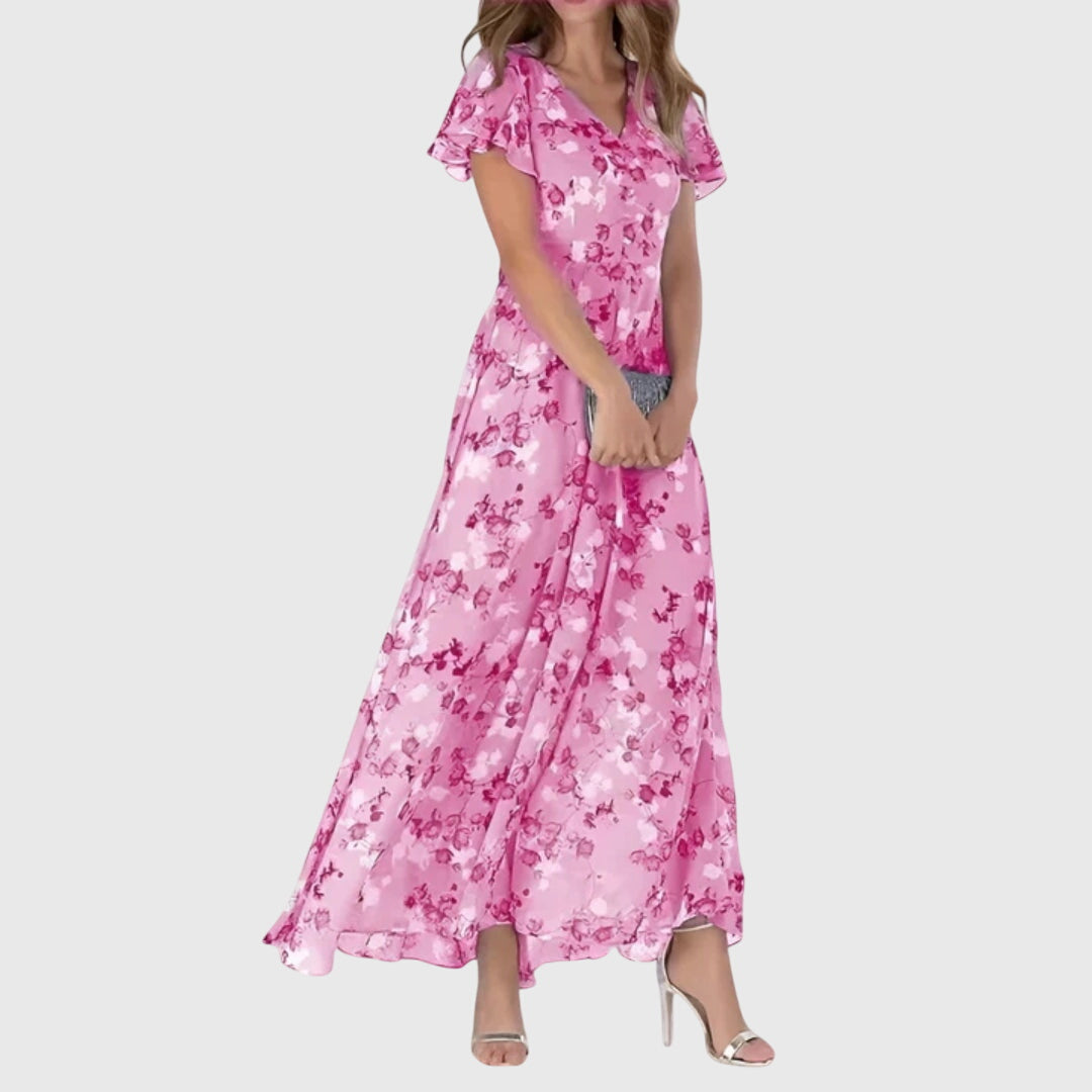 Robe Longue Florale Femme Manches Volantées Col V Soirée Mariage Invitée - Hiverline