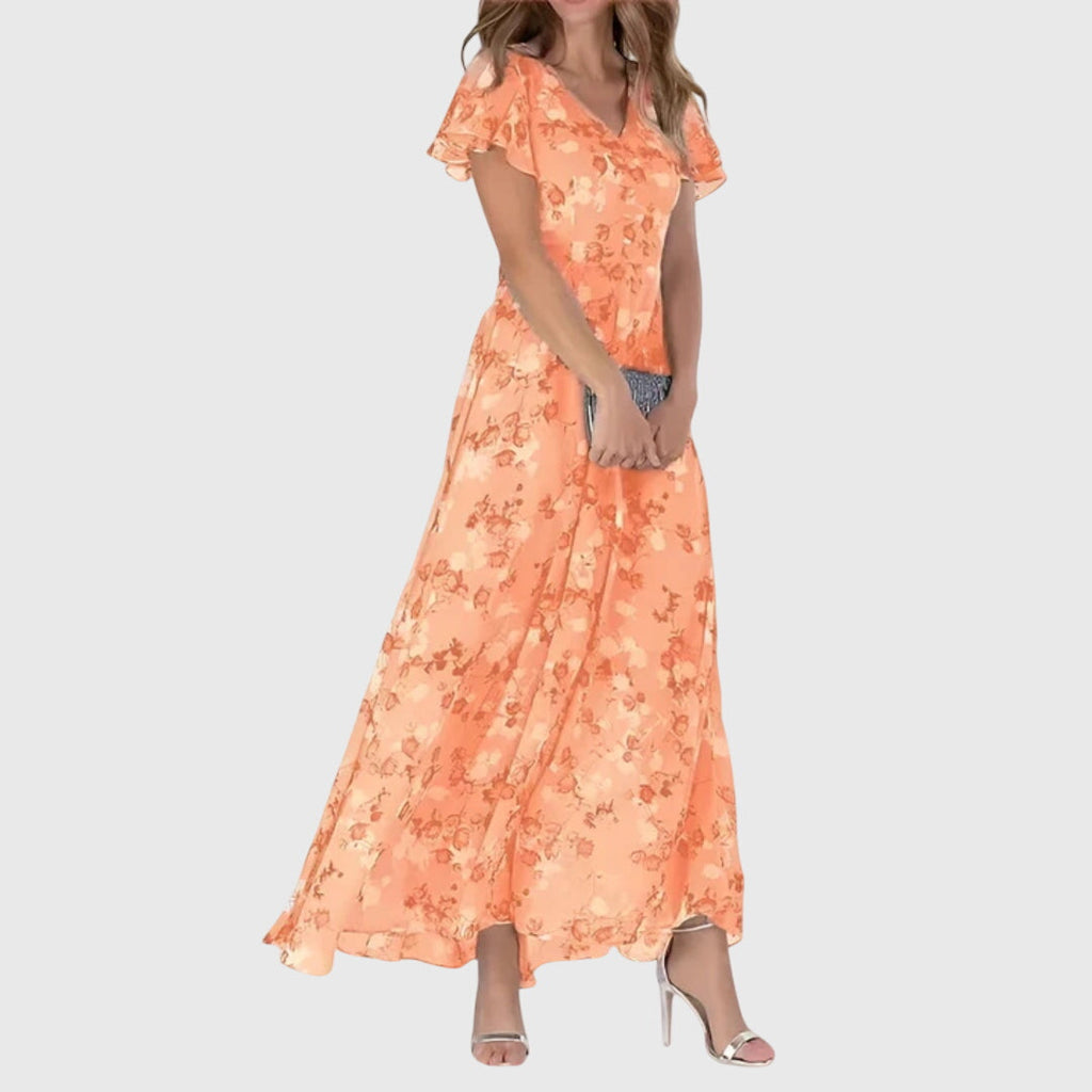Robe Longue Florale Femme Manches Volantées Col V Soirée Mariage Invitée - Hiverline