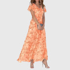 Robe Longue Florale Femme Manches Volantées Col V Soirée Mariage Invitée - Hiverline