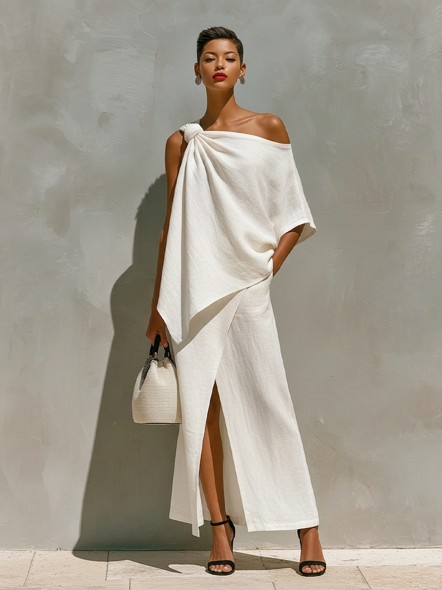 Robe Maxi Femme à Une Épaule Nœud Décoratif Fente Avant Soirée Minimaliste - Hiverline