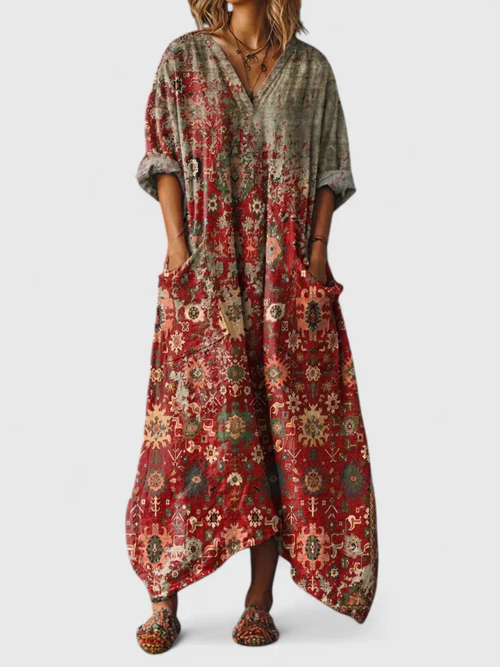 Robe Maxi Femme Bohème Imprimé Paisley Col V Manches 3/4 Grandes Poches Avant - Hiverline