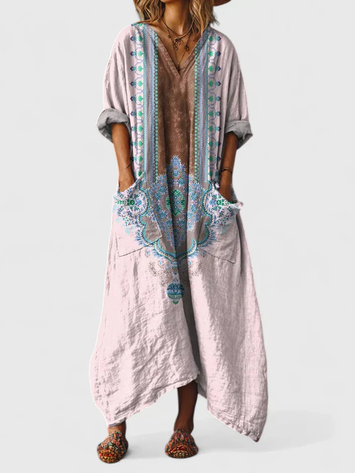 Robe Maxi Femme Bohème Imprimé Paisley Col V Manches 3/4 Grandes Poches Avant - Hiverline