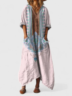 Robe Maxi Femme Bohème Imprimé Paisley Col V Manches 3/4 Grandes Poches Avant - Hiverline