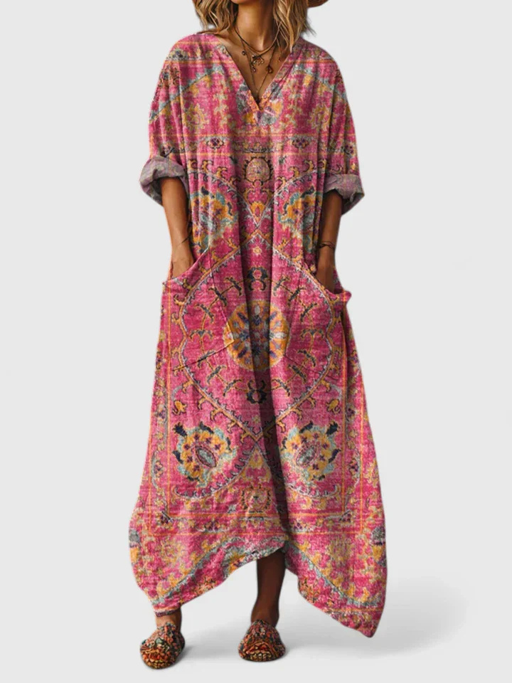 Robe Maxi Femme Bohème Imprimé Paisley Col V Manches 3/4 Grandes Poches Avant - Hiverline
