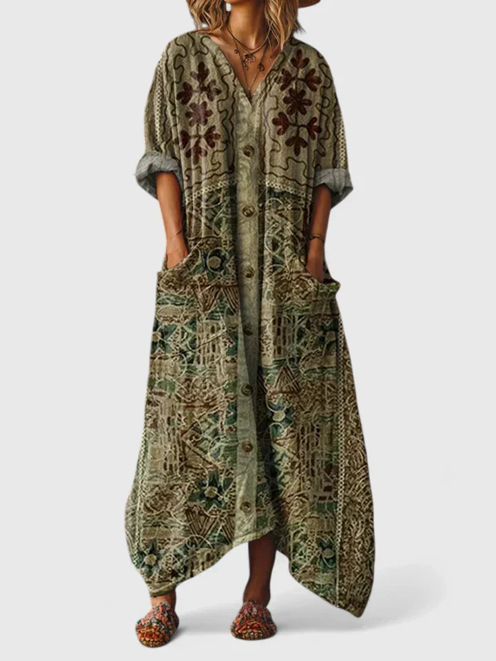 Robe Maxi Femme Bohème Imprimé Paisley Col V Manches 3/4 Grandes Poches Avant - Hiverline