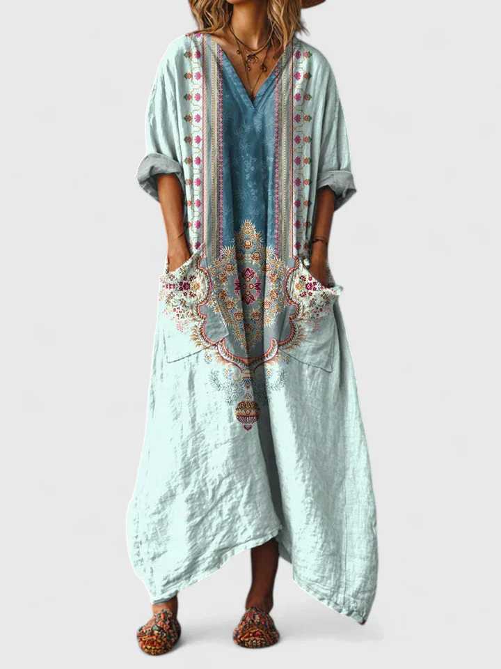 Robe Maxi Femme Bohème Imprimé Paisley Col V Manches 3/4 Grandes Poches Avant - Hiverline