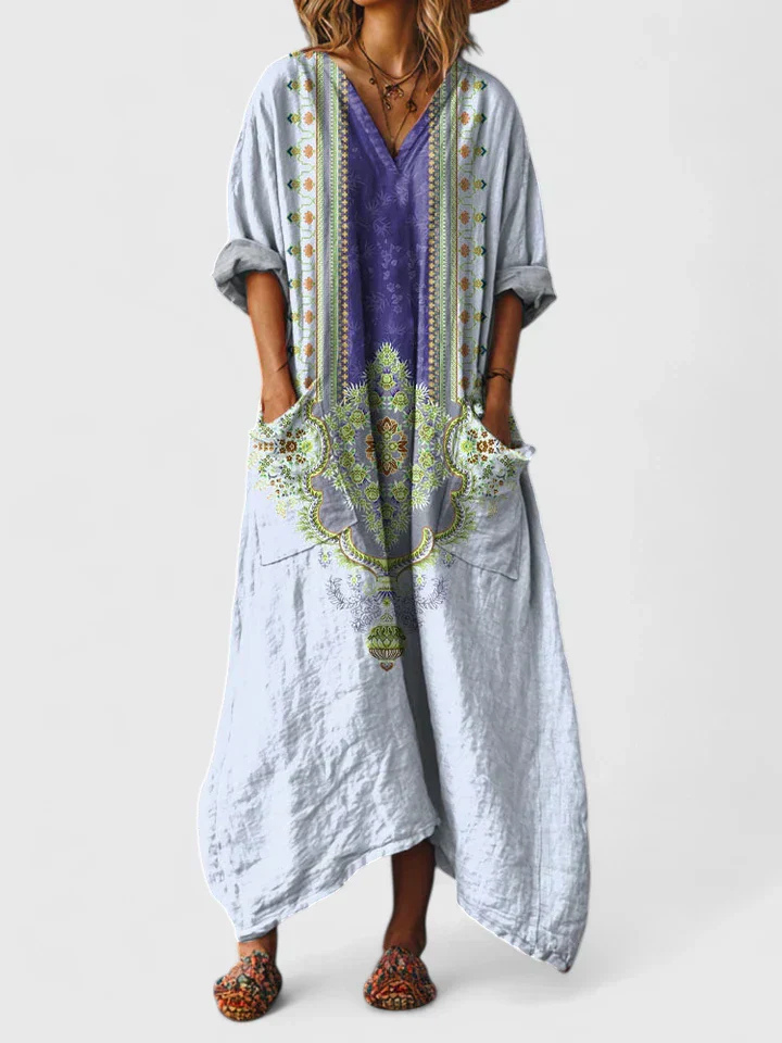 Robe Maxi Femme Bohème Imprimé Paisley Col V Manches 3/4 Grandes Poches Avant - Hiverline