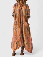 Robe Maxi Femme Bohème Imprimé Paisley Col V Manches 3/4 Grandes Poches Avant - Hiverline