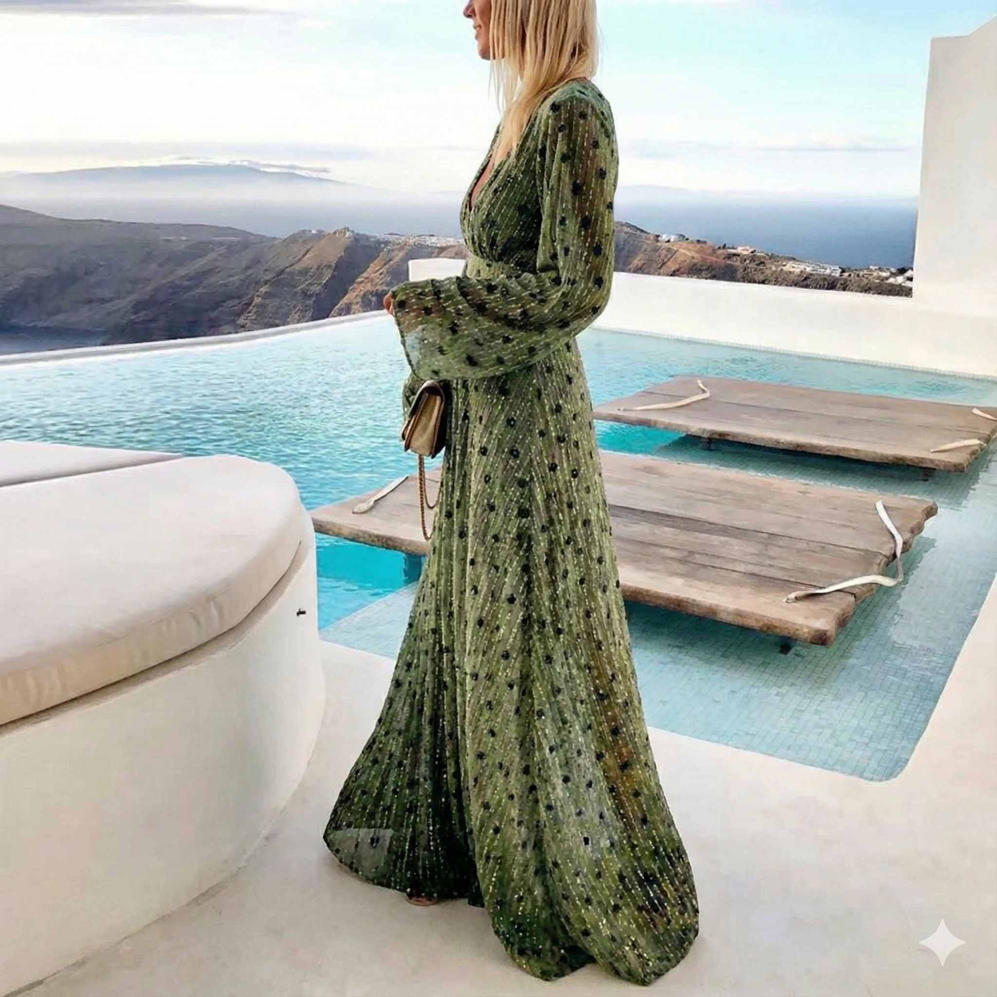 Robe Maxi Femme Boho Col V Manches Longues Fluide Pois Soirée Mariage Invitée Plage Vacances - Hiverline