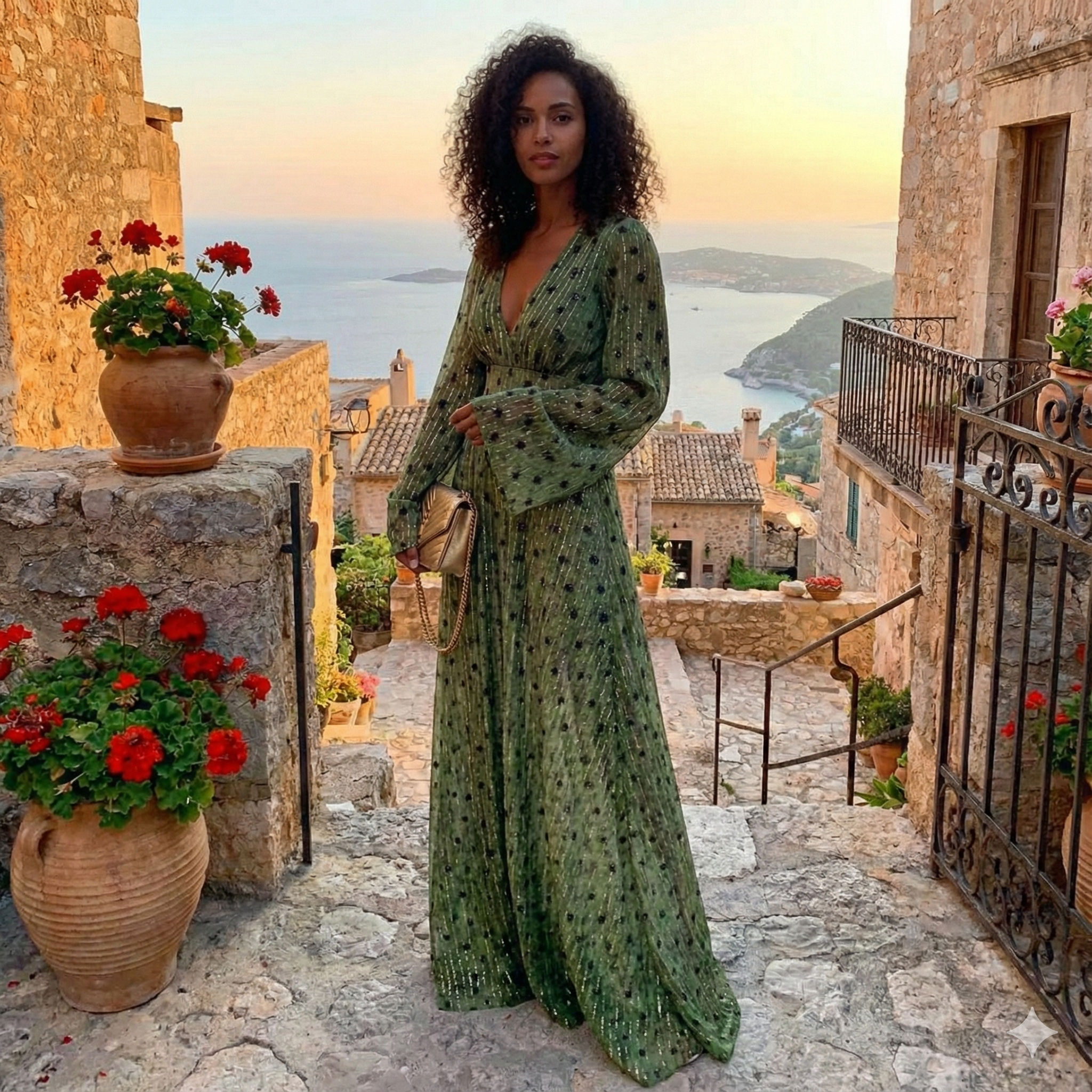 Robe Maxi Femme Boho Col V Manches Longues Fluide Pois Soirée Mariage Invitée Plage Vacances - Hiverline