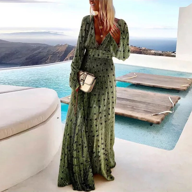 Robe Maxi Femme Boho Col V Manches Longues Fluide Pois Soirée Mariage Invitée Plage Vacances - Hiverline