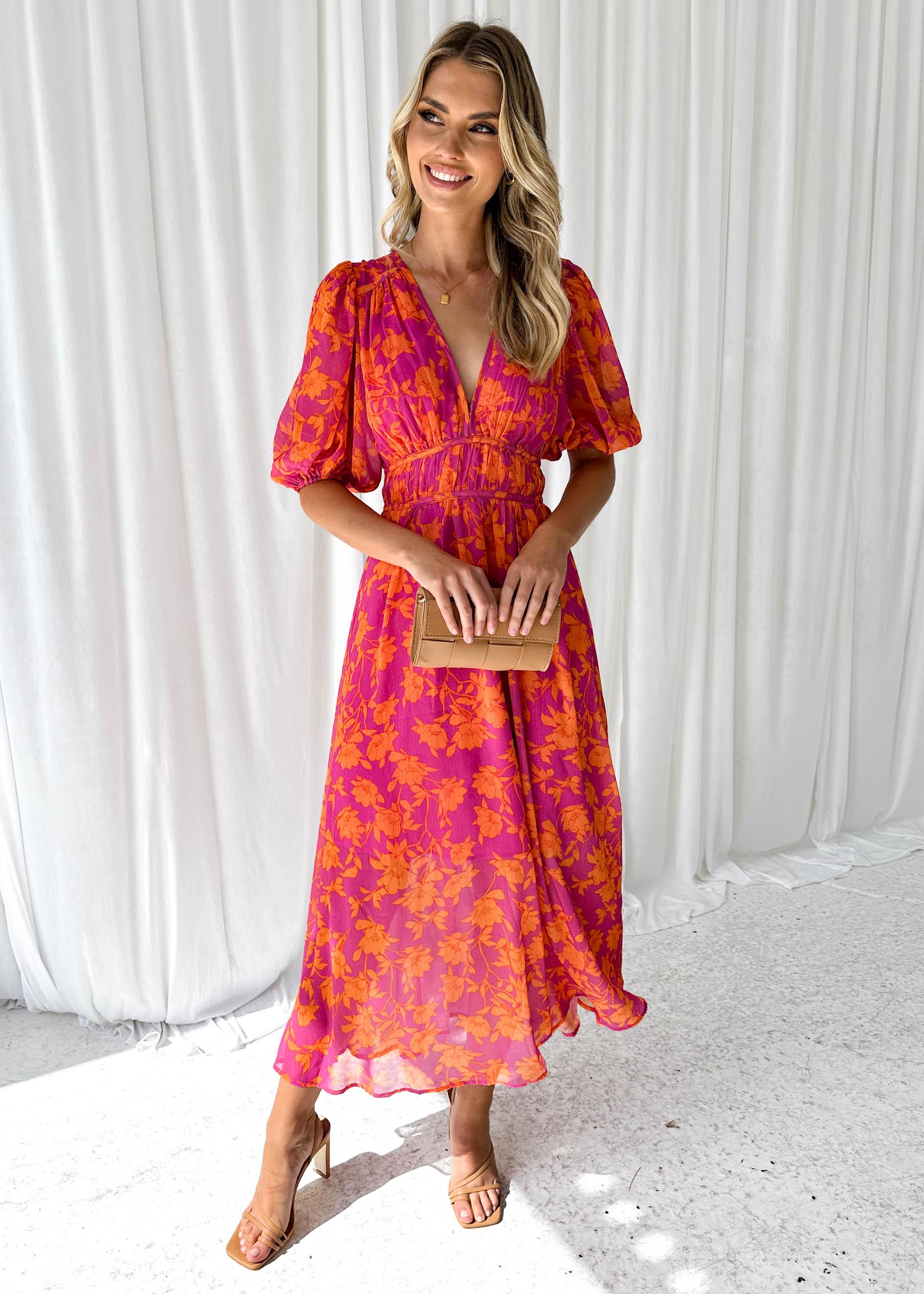 Robe Maxi Femme Col en V Fleurie Manches Bouffantes Mariage Invitée Été - Hiverline