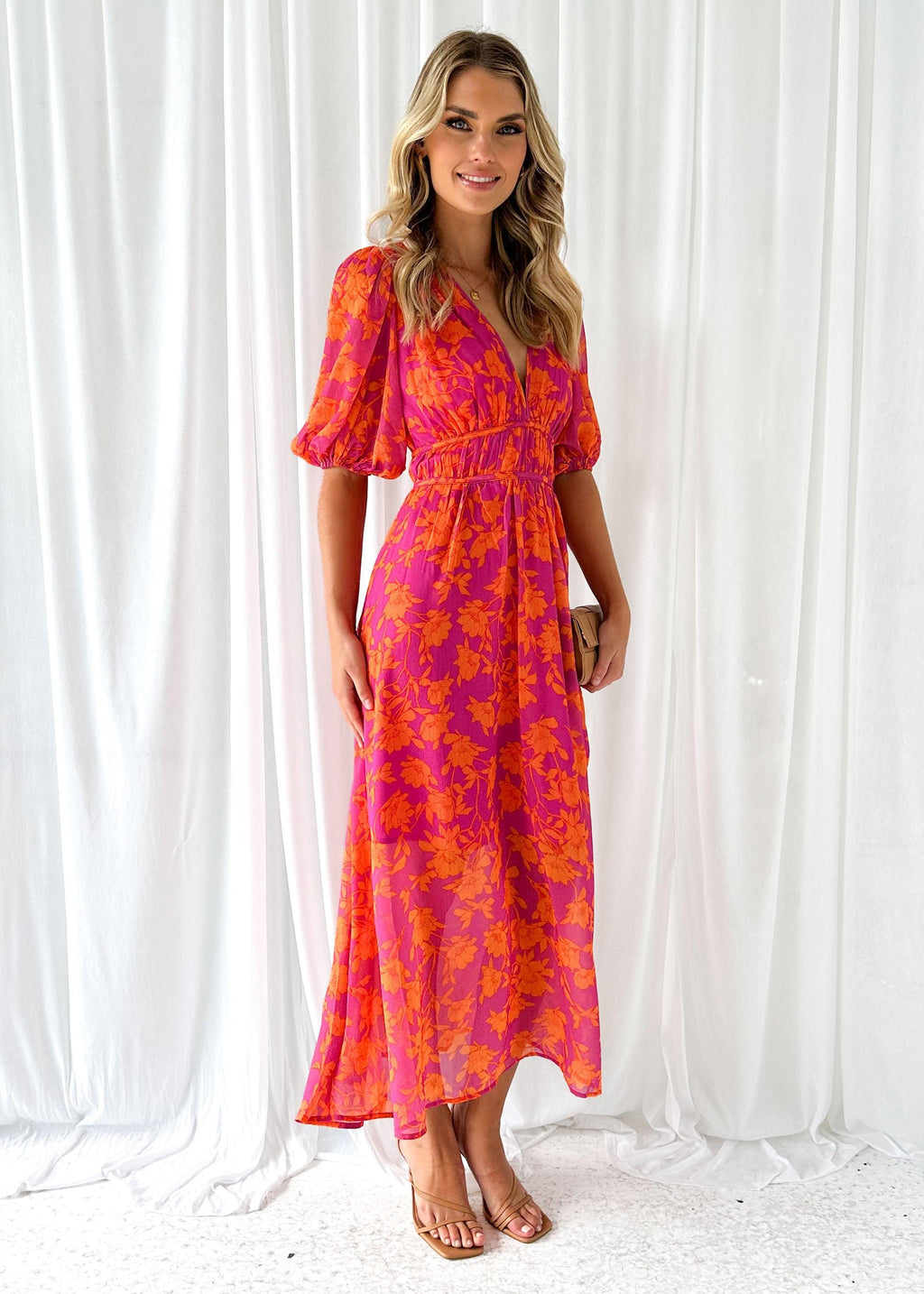 Robe Maxi Femme Col en V Fleurie Manches Bouffantes Mariage Invitée Été - Hiverline