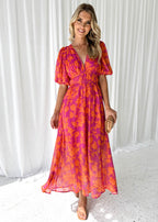 Robe Maxi Femme Col en V Fleurie Manches Bouffantes Mariage Invitée Été - Hiverline