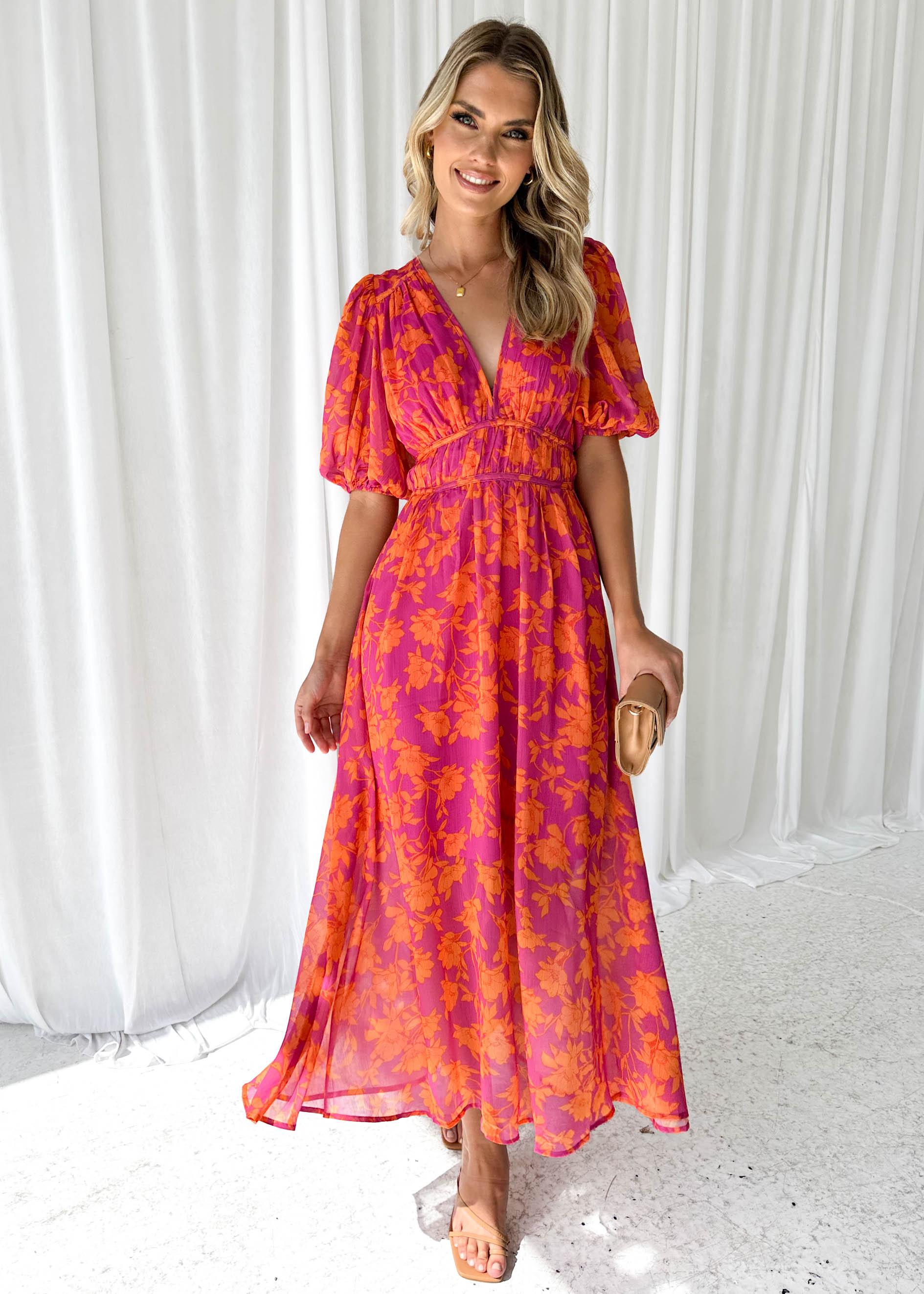 Robe Maxi Femme Col en V Fleurie Manches Bouffantes Mariage Invitée Été - Hiverline