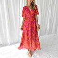 Robe Maxi Femme Col en V Fleurie Manches Bouffantes Mariage Invitée Été - Hiverline