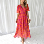 Robe Maxi Femme Col en V Fleurie Manches Bouffantes Mariage Invitée Été - Hiverline