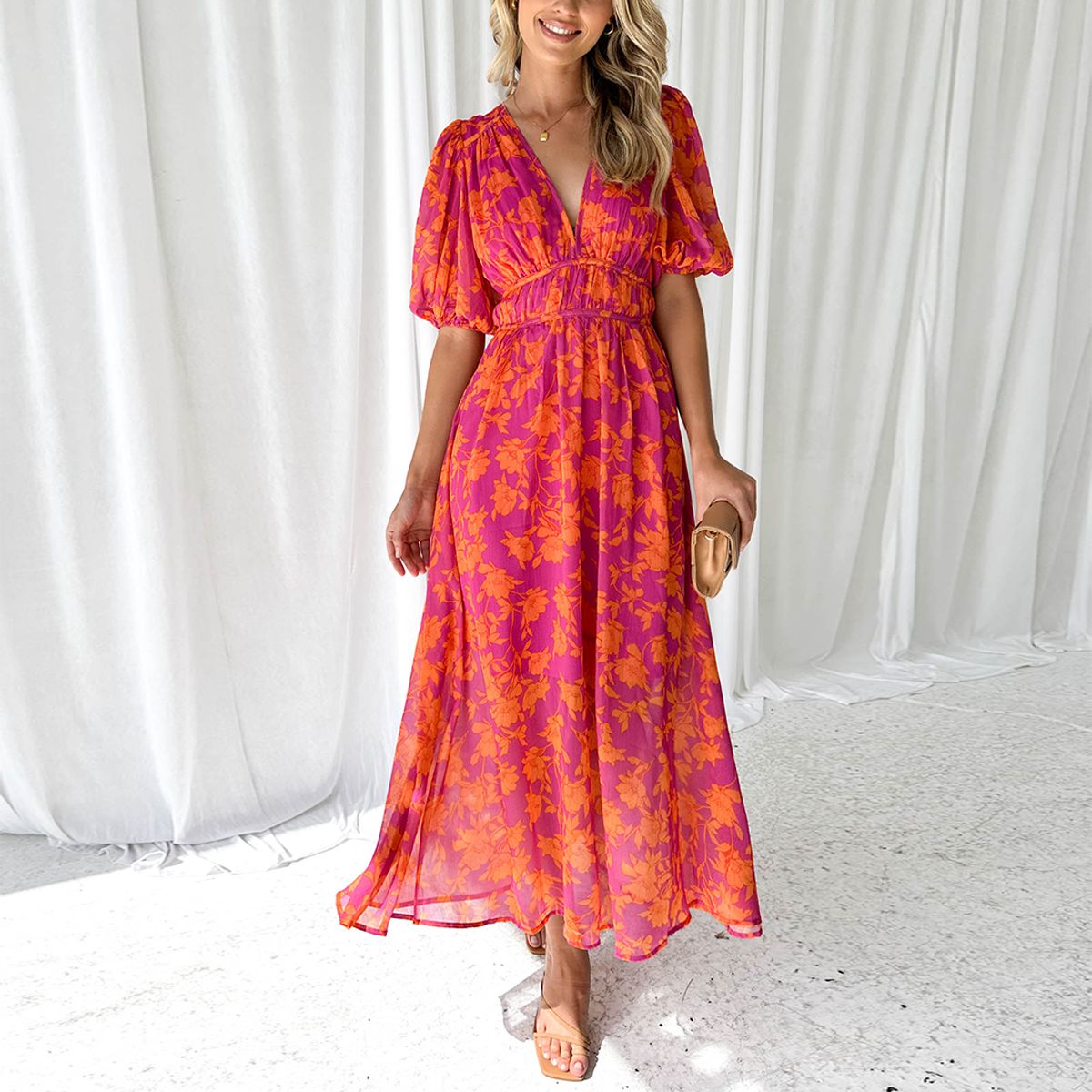 Robe Maxi Femme Col en V Fleurie Manches Bouffantes Mariage Invitée Été - Hiverline