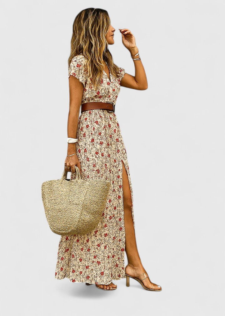 Robe Maxi Femme Imprimé Boho Col V Ceinturée Fente Latérale Été Vacances - Hiverline