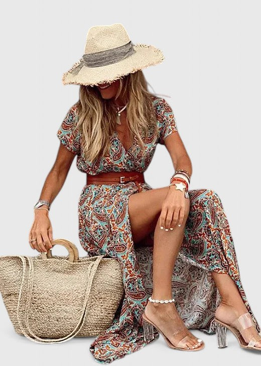 Robe Maxi Femme Imprimé Boho Col V Ceinturée Fente Latérale Été Vacances - Hiverline