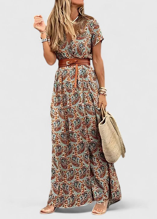 Robe Maxi Femme Imprimé Boho Col V Ceinturée Fente Latérale Été Vacances - Hiverline