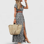 Robe Maxi Femme Imprimé Boho Col V Ceinturée Fente Latérale Été Vacances - Hiverline