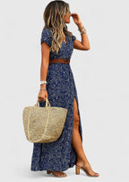 Robe Maxi Femme Imprimé Boho Col V Ceinturée Fente Latérale Été Vacances - Hiverline