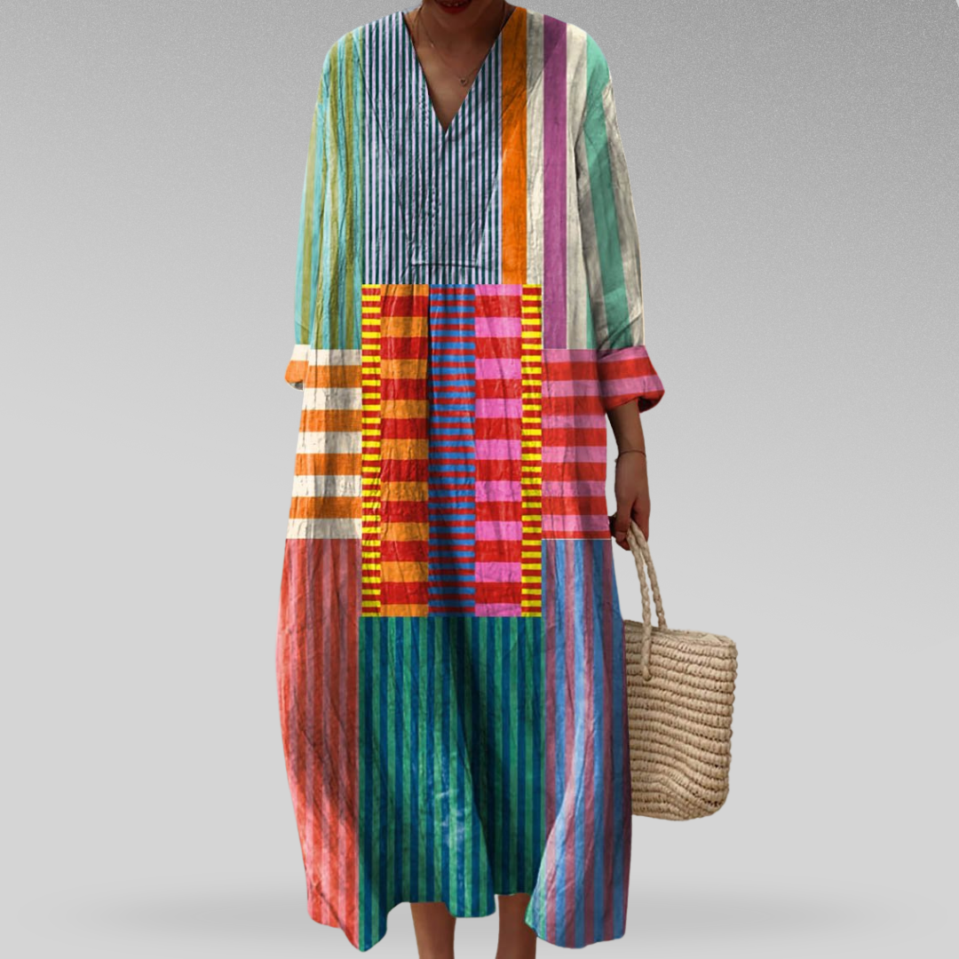 Robe Maxi Oversize Femme Col V Rayures Colorblock Patchwork Casual Été - Hiverline
