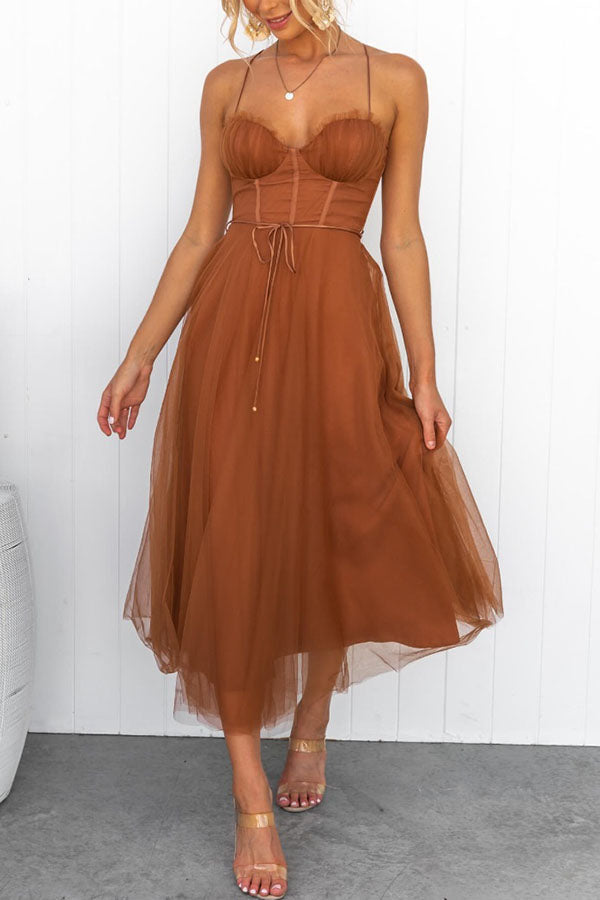 Robe Midi Corset Femme à Jupe en Tulle & Bretelles Spaghetti | Mariage Invitée Été - Hiverline