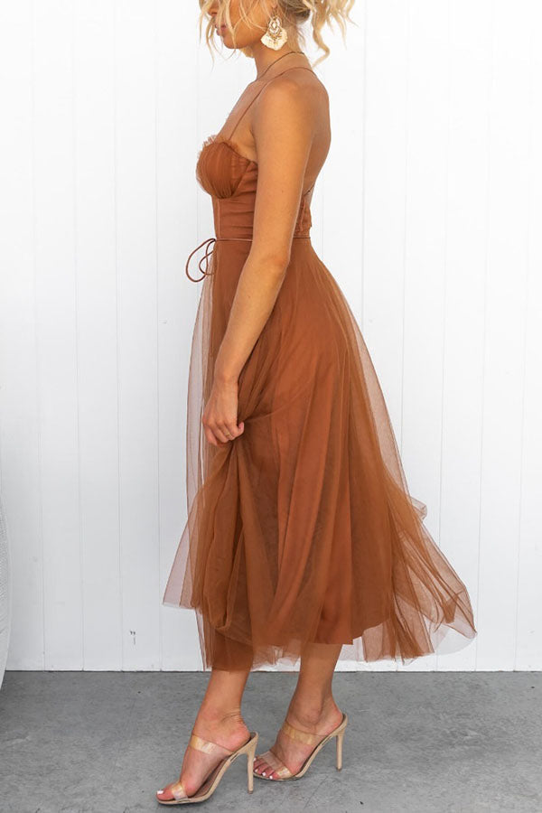 Robe Midi Corset Femme à Jupe en Tulle & Bretelles Spaghetti | Mariage Invitée Été - Hiverline