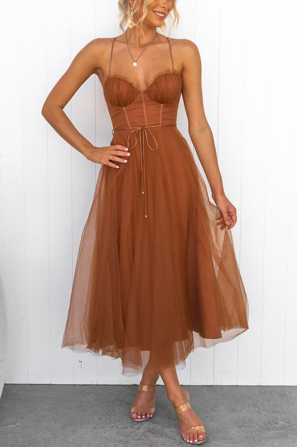 Robe Midi Corset Femme à Jupe en Tulle & Bretelles Spaghetti | Mariage Invitée Été - Hiverline