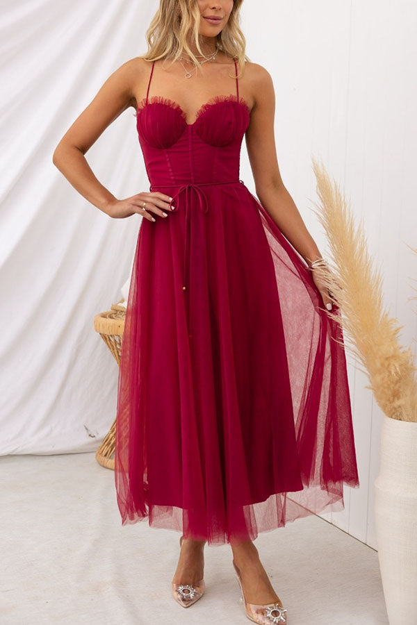 Robe Midi Corset Femme à Jupe en Tulle & Bretelles Spaghetti | Mariage Invitée Été - Hiverline