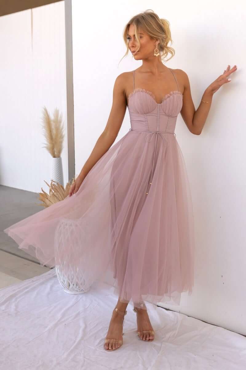 Robe Midi Corset Femme à Jupe en Tulle & Bretelles Spaghetti | Mariage Invitée Été - Hiverline