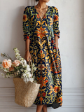 Robe Midi Femme Boho Baroque Florale Col V Manches Longues Décontractée - Hiverline