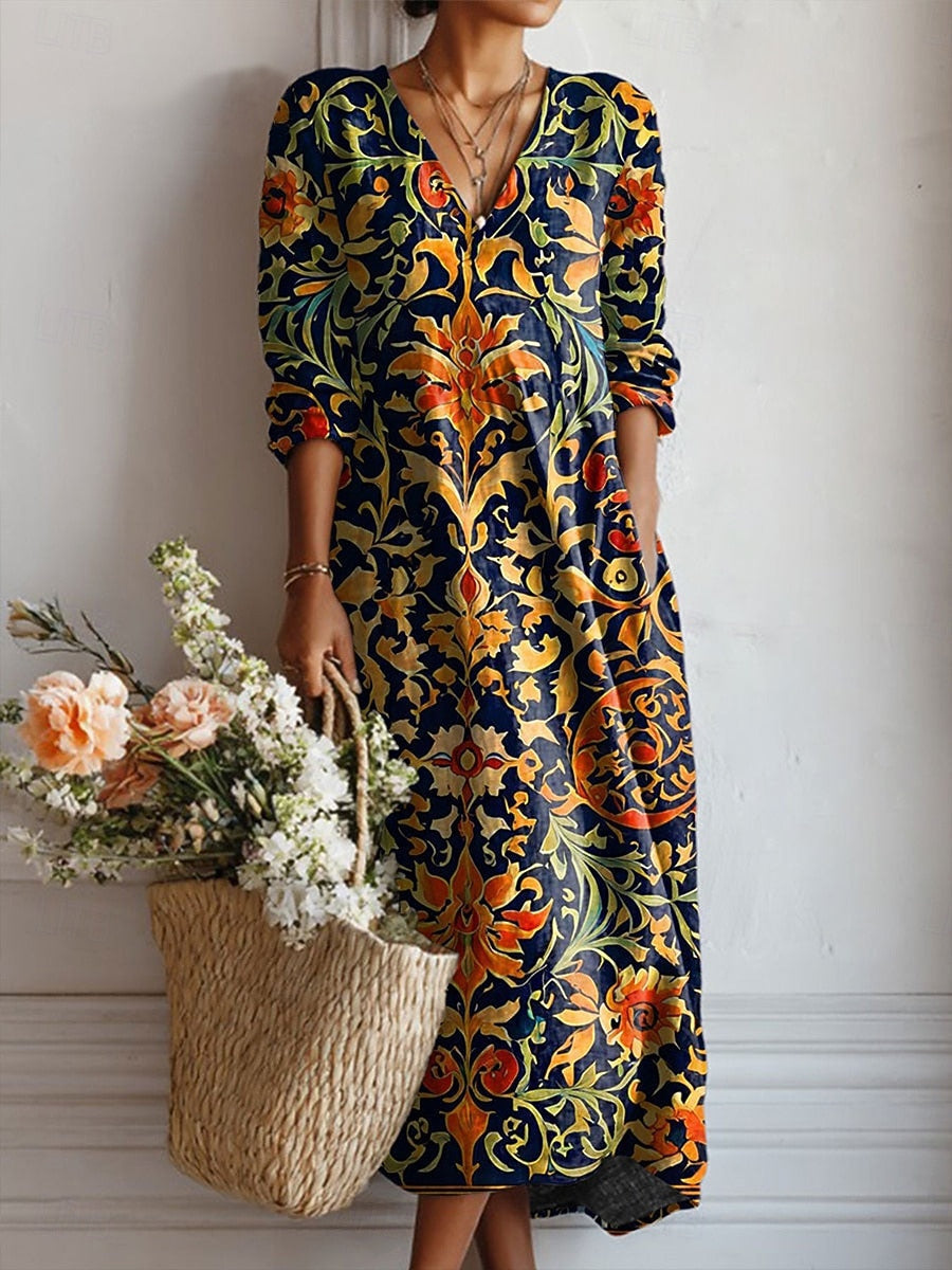 Robe Midi Femme Boho Baroque Florale Col V Manches Longues Décontractée - Hiverline