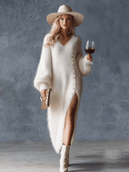 Robe Midi Femme en Fausse Fourrure Lapin Col V Fente Latérale Boutons Métalliques Hiver - Hiverline