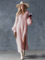 Robe Midi Femme en Fausse Fourrure Lapin Col V Fente Latérale Boutons Métalliques Hiver - Hiverline