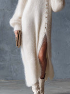 Robe Midi Femme en Fausse Fourrure Lapin Col V Fente Latérale Boutons Métalliques Hiver - Hiverline