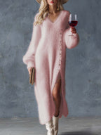 Robe Midi Femme en Fausse Fourrure Lapin Col V Fente Latérale Boutons Métalliques Hiver - Hiverline