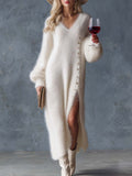 Robe Midi Femme en Fausse Fourrure Lapin Col V Fente Latérale Boutons Métalliques Hiver - Hiverline