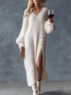 Robe Midi Femme en Fausse Fourrure Lapin Col V Fente Latérale Boutons Métalliques Hiver - Hiverline