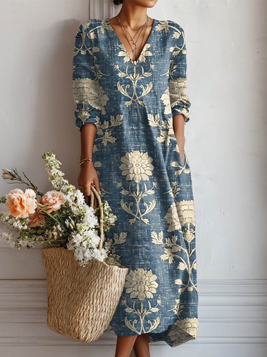 Robe Midi Florale Boho Femme V-Neck Manches 3/4 avec Poches Casual Été - Hiverline