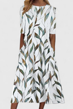 Robe Midi Florale Femme Col Rond Manches Courtes Poches Coupe A-Line Casual Été - Hiverline